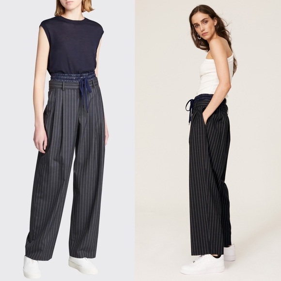 MONSE Double Waistband High Rise Pinstripe Virgin Wool Pleated Wide Leg Pants 6 - Picture 3 of 10
